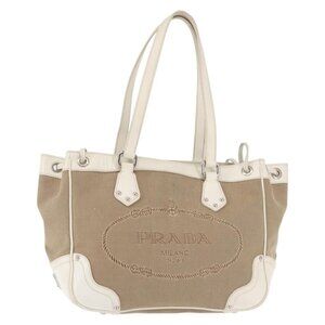 PRADA Tote Bag Canvas Leather Beige Silver Auth 144180